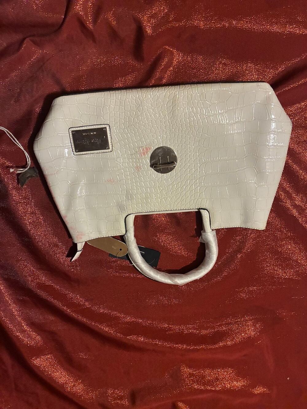 VANI Bag Womens White Croc Embossed Top Handle Satchel Shoulder Purse Red Marks